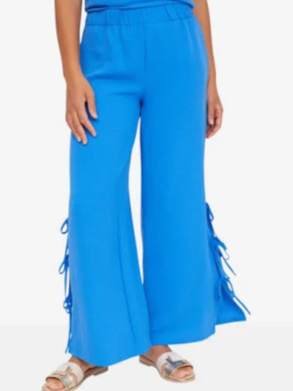 Nina Leonard Side Tie Textured Blue Wide-Leg Pants